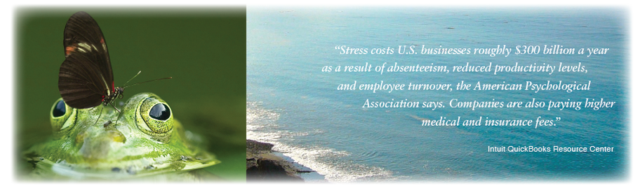 frog with black butterfly on head and ocean with quote about employee wellness